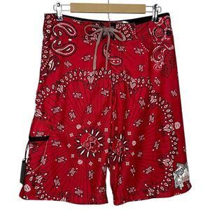 Billabong Board Shorts Mens 32 Red Swim Trunks Y2K Bandana Paisley Skulls Pistol